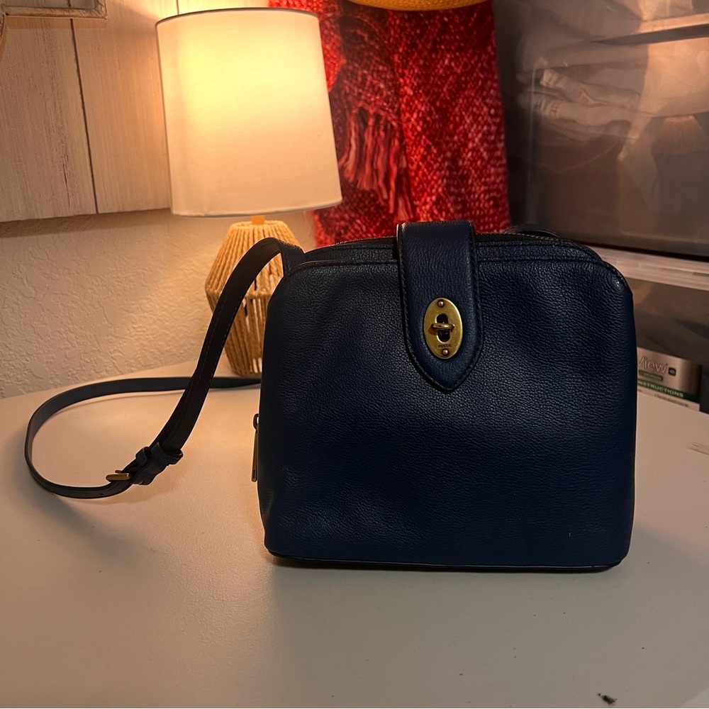 Fossil Dark Blue Leather Crossbody Messenger Bag with Gold Accents - Picture 2 of 12